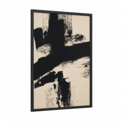 Gestural Abstraction framed abstract minimalist print — black wood frame — black and white and cream palette