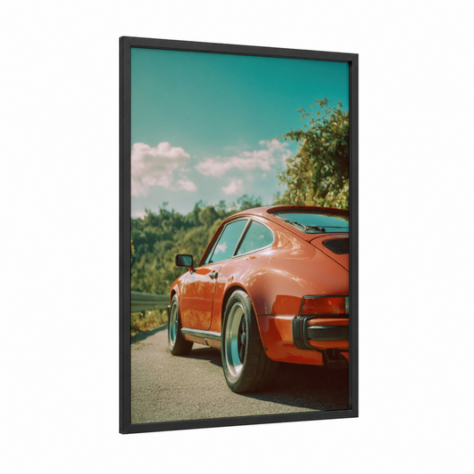 Vintage Sports Car framed art print — black wood frame — teal and russet palette