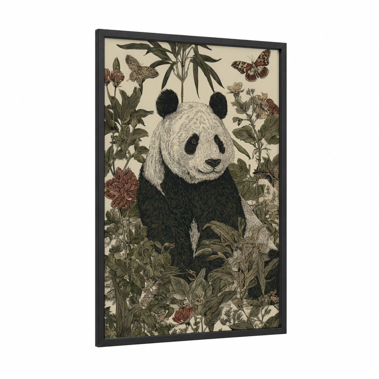 Garden Panda framed art print — black wood frame — cream and sage green palette