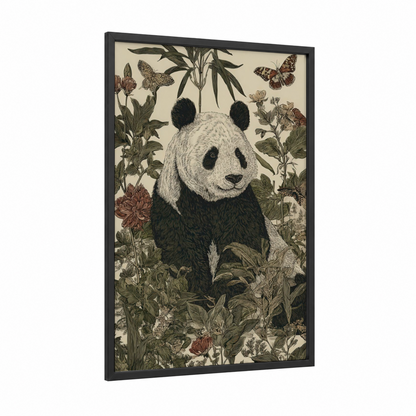 Garden Panda framed art print — black wood frame — cream and sage green palette