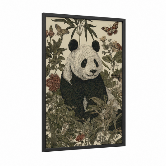 Garden Panda framed art print — black wood frame — cream and sage green palette