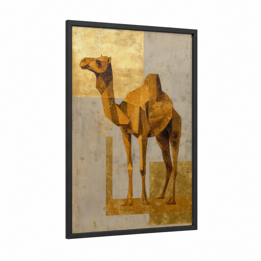 Golden Camel framed art print — black wood frame — gold and brown palette