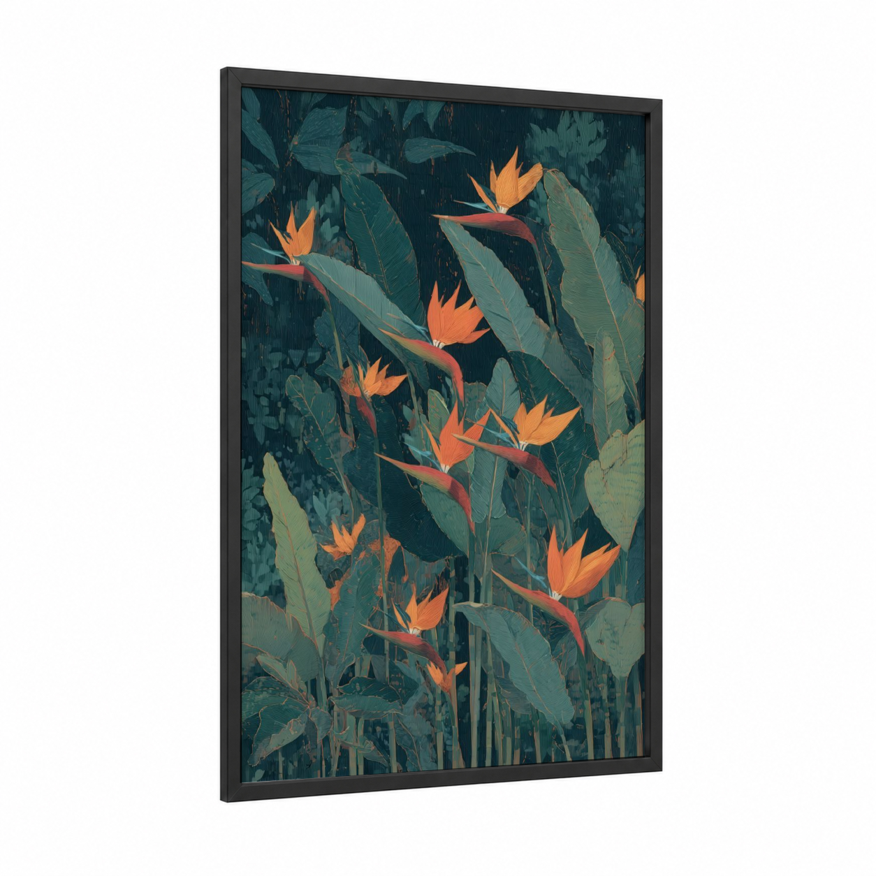 Tropical Birds Paradise framed birds of paradise print — black wood frame — orange and dark green palette