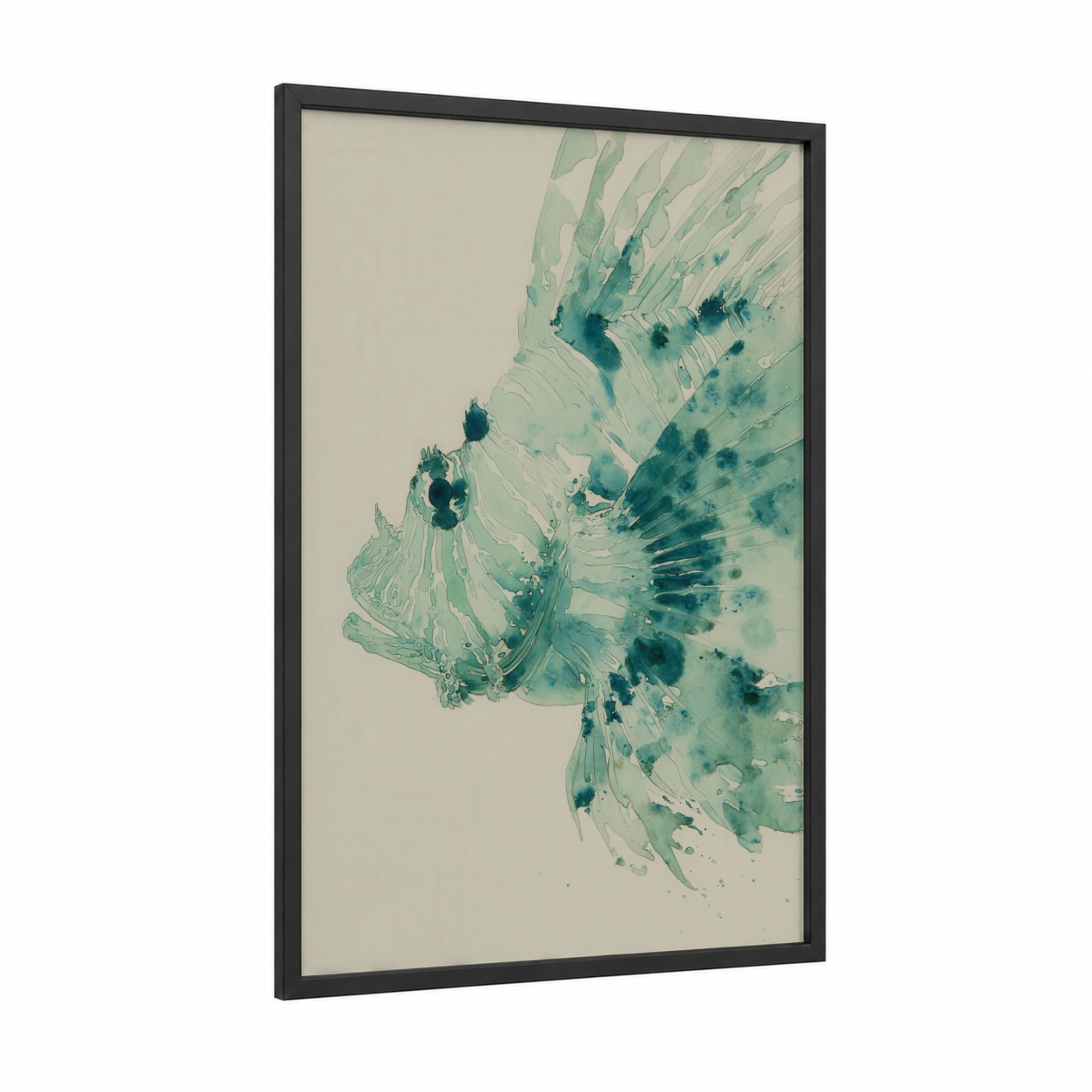 Ethereal Lionfish framed art print — black wood frame — teal and dark blue palette