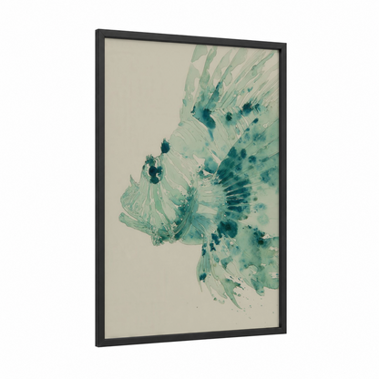 Ethereal Lionfish framed art print — black wood frame — teal and dark blue palette