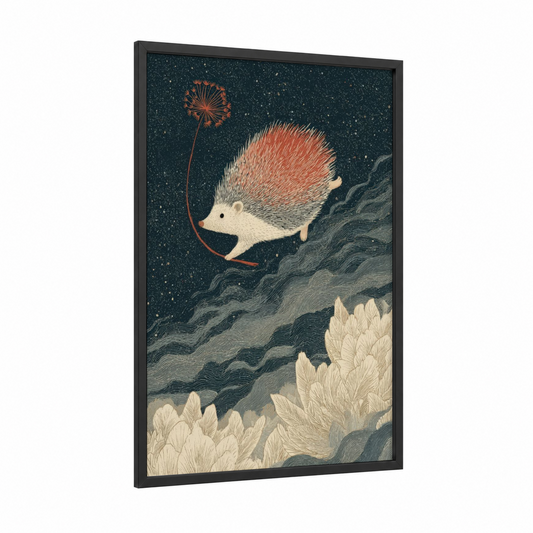 Starlit Hedgehog framed art print — black wood frame — russet palette