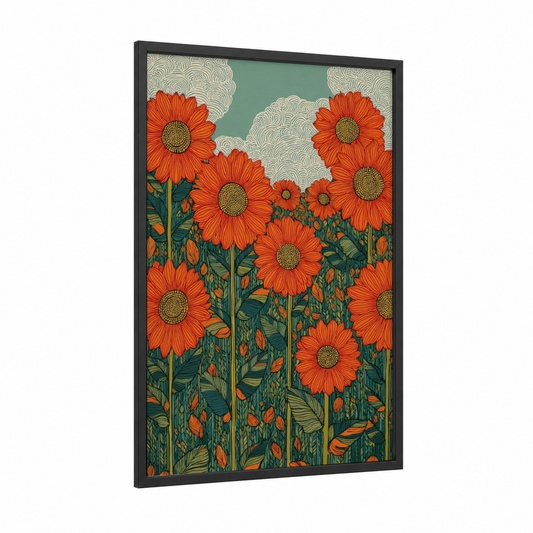 Vibrant Sunflower Field framed art print — black wood frame — orange and green palette