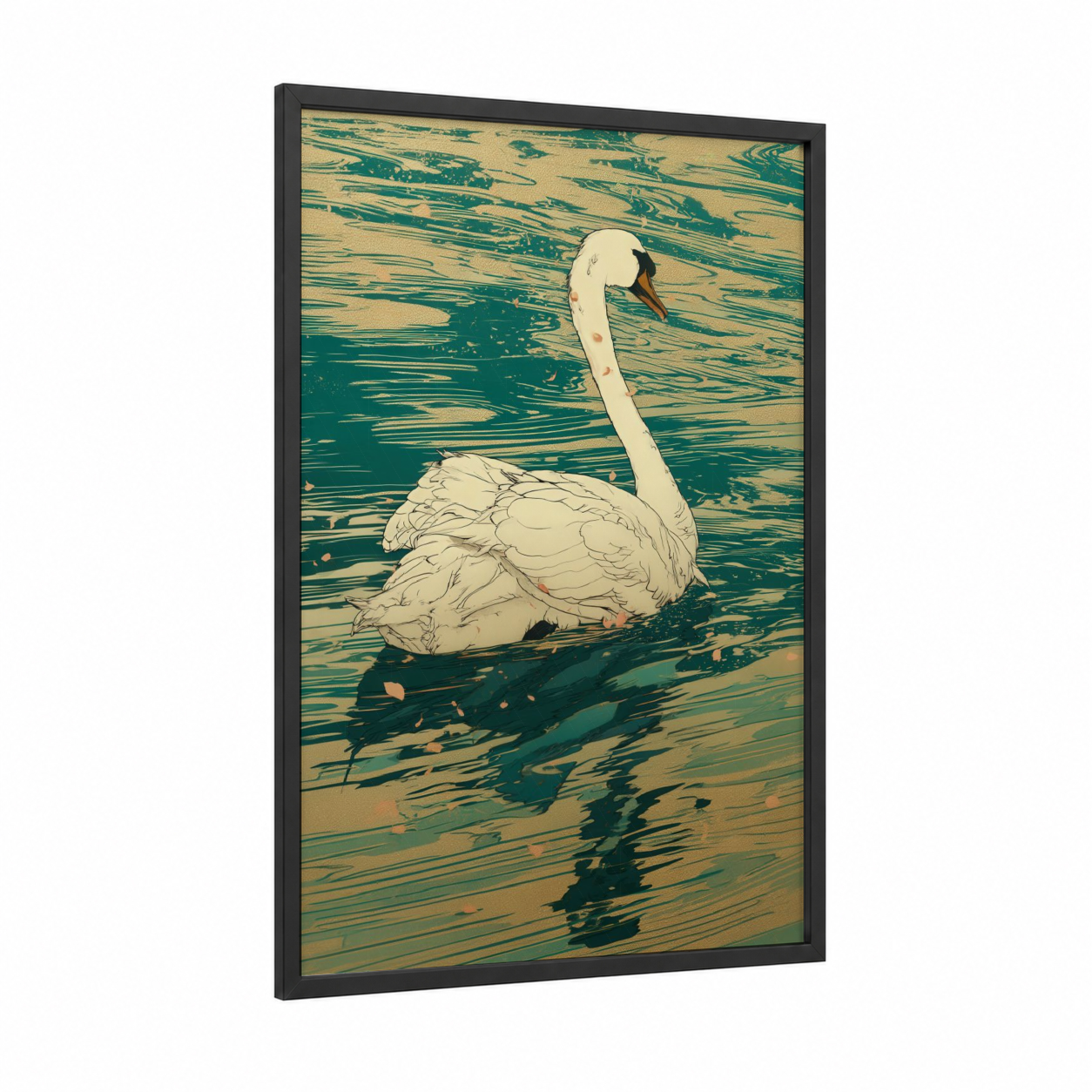 Serene Swan Glide framed art print — black wood frame — teal and cream palette