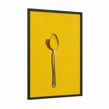 Golden Spoon Study framed condiments print — black wood frame — yellow gold and gray palette