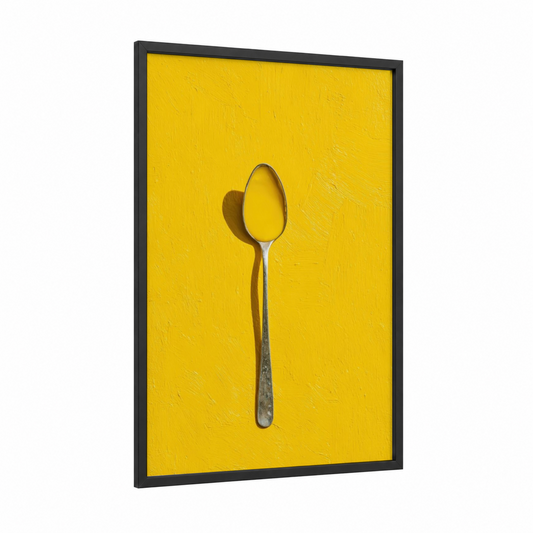 Golden Spoon Study framed condiments print — black wood frame — yellow gold and gray palette