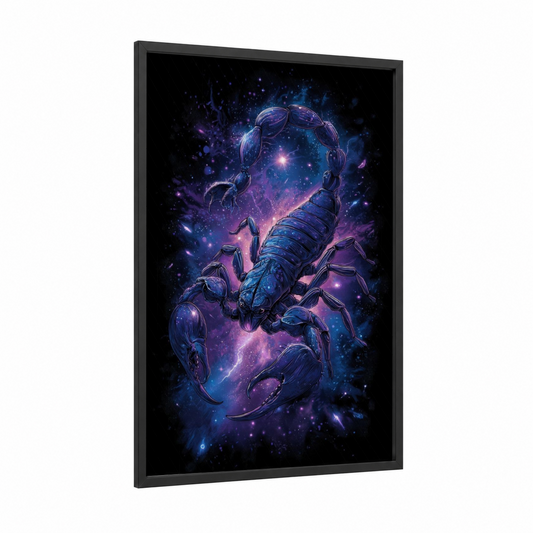 Cosmic Scorpion framed scorpions print — black wood frame — blue and purple palette