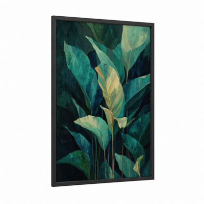 Emerald Tropical Foliage framed tropical trees print — black wood frame — teal and green palette