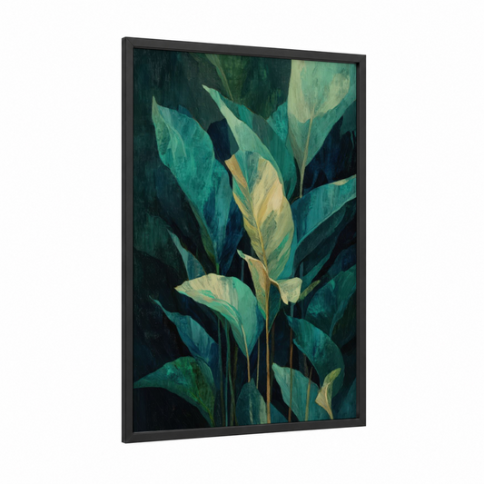 Emerald Tropical Foliage framed tropical trees print — black wood frame — teal and green palette