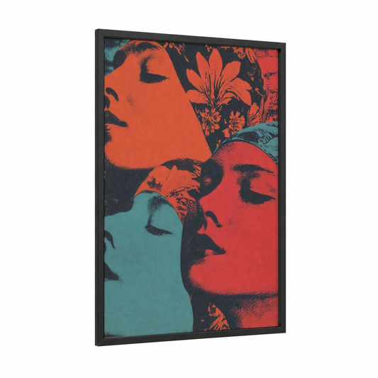 Synchronized Duet framed synchronized swimming print — black wood frame — orange and teal palette