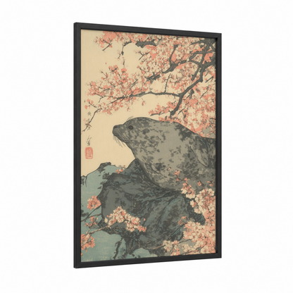 Cherry Blossom Seal framed art print — black wood frame — peach and cream palette
