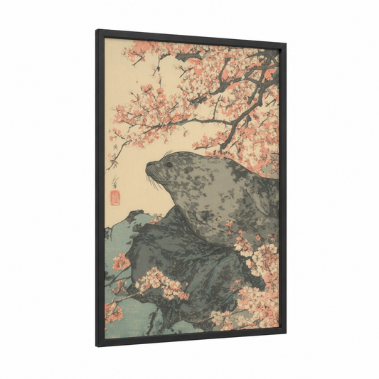 Cherry Blossom Seal framed art print — black wood frame — peach and cream palette