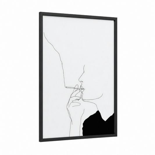 Contemplative Smoke framed art print — black wood frame — black and white palette
