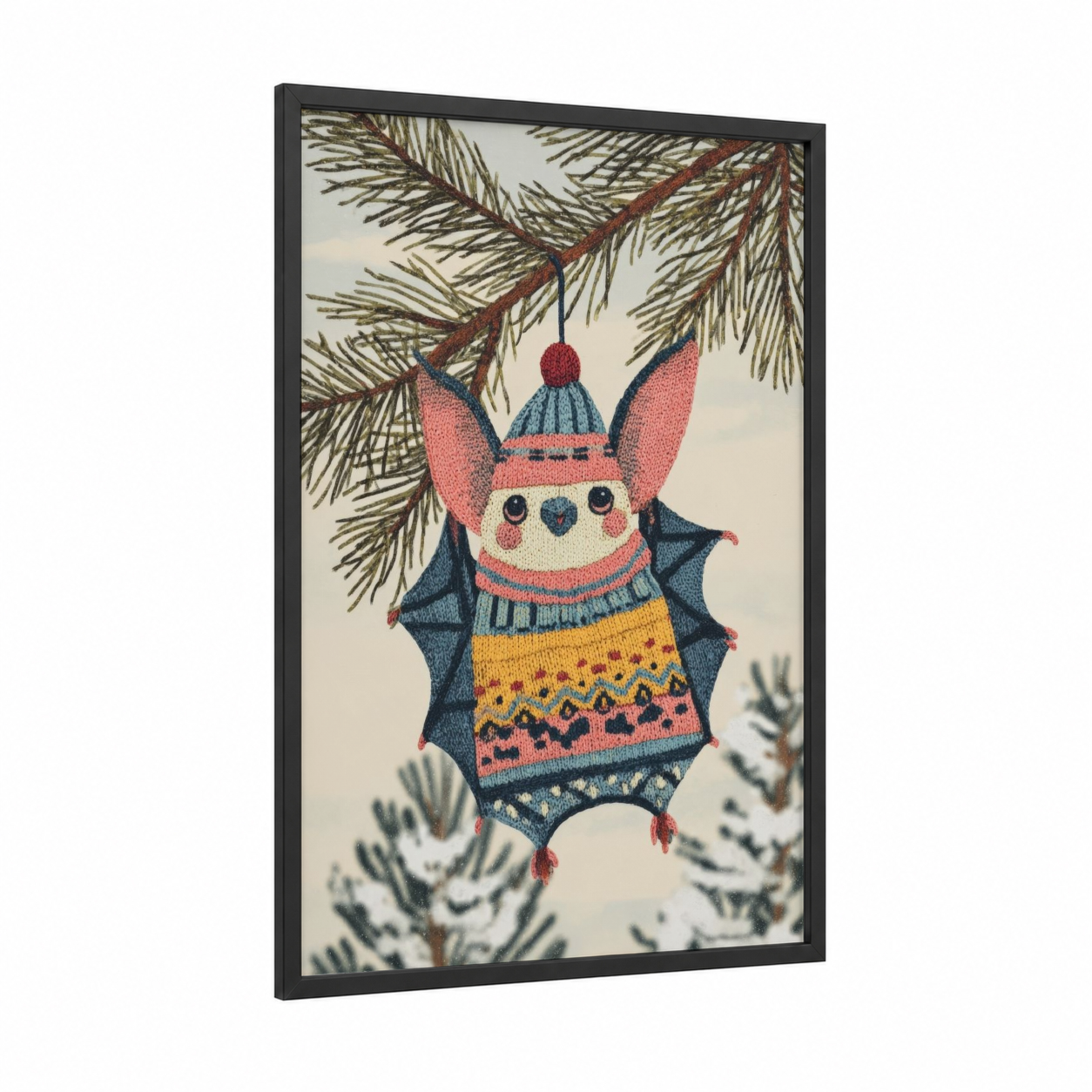 Festive Bat Friend framed art print — black wood frame — pink and blue palette
