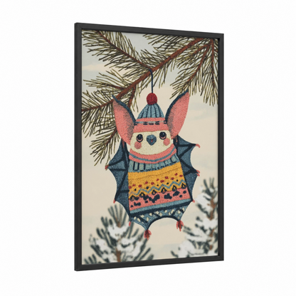Festive Bat Friend framed art print — black wood frame — pink and blue palette