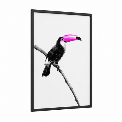 Neon Toucan framed art print — black wood frame — magenta and black and white palette