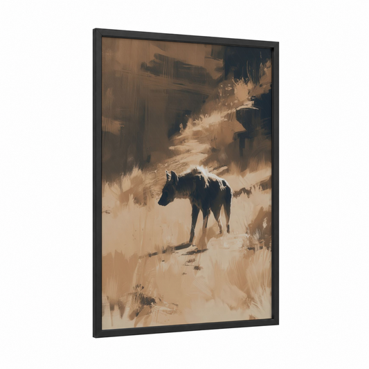 Desert Hyena framed art print — black wood frame — gold and black palette
