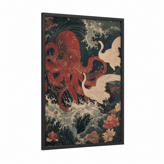 Crimson Cthulhu framed art print — black wood frame — red and dark green palette