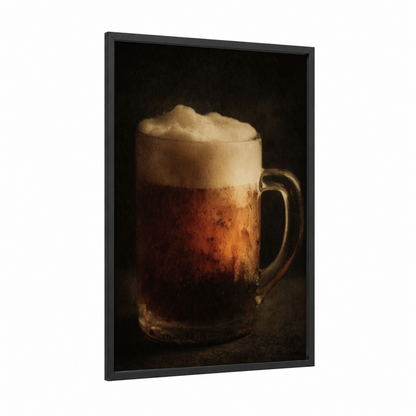 Amber Brew framed beer print — black wood frame — gold and black palette