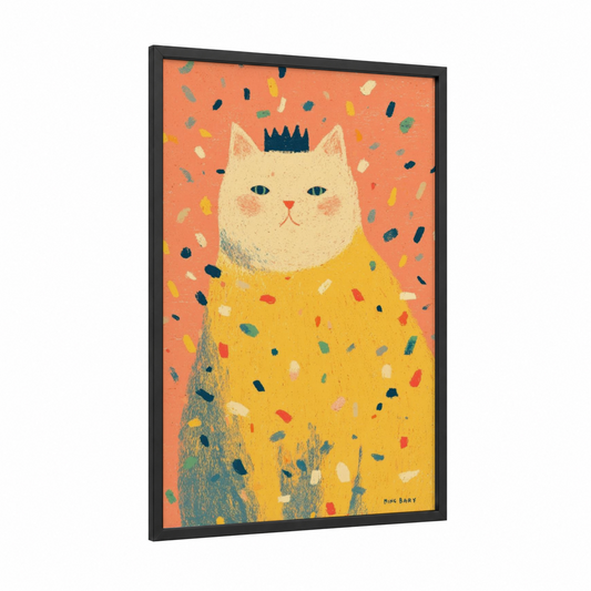 Royal Feline Celebration framed mardi gras print — black wood frame — yellow gold and orange palette