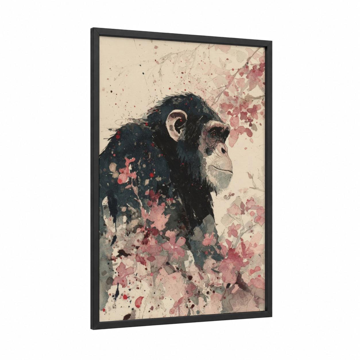 Contemplative Chimpanzee framed art print — black wood frame — beige and salmon pink palette