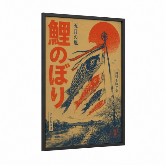 Japanese Koi Windsock Sunset Wall Art framed koi fish print — black wood frame — red and gold palette