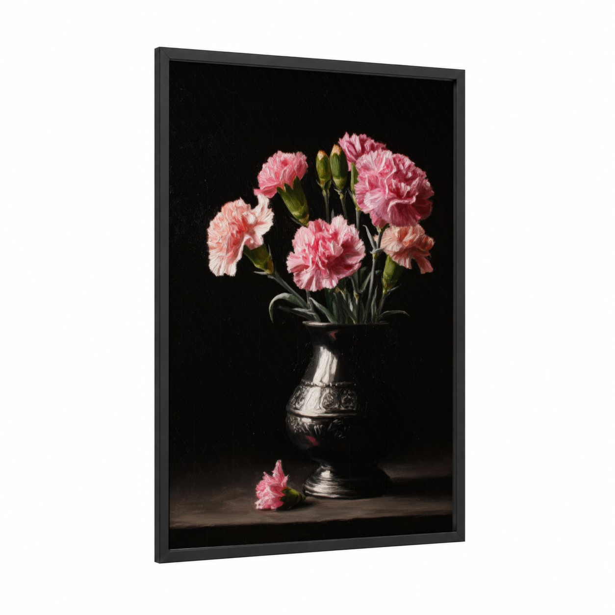 Pink Carnations Still Life framed art print — black wood frame — pink and black palette