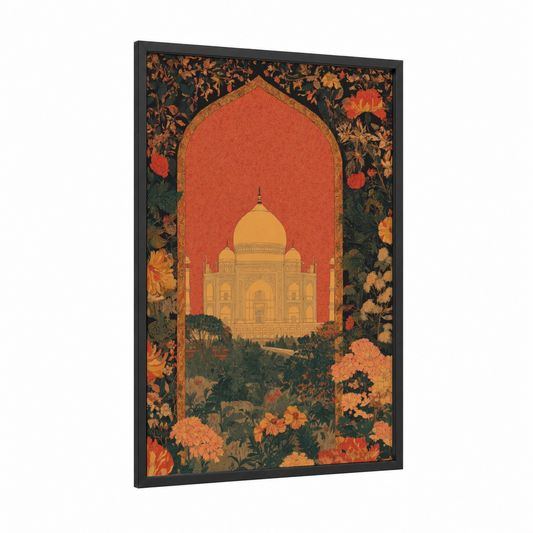 Taj Mahal Garden framed art print — black wood frame — gold and orange palette