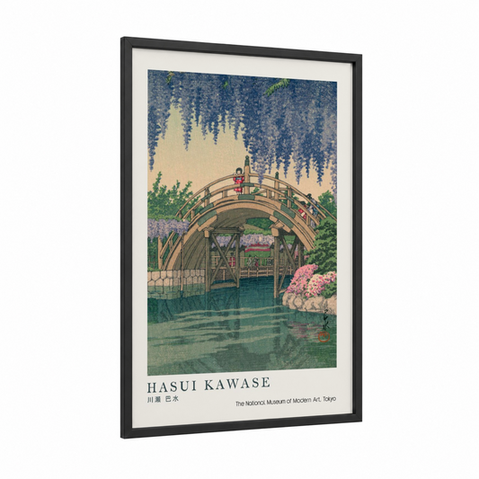 Hasui Bridge Garden framed bridges print — black wood frame — dark blue and cream palette