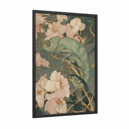 Garden Chameleon framed art print — black wood frame — sage green and peach palette