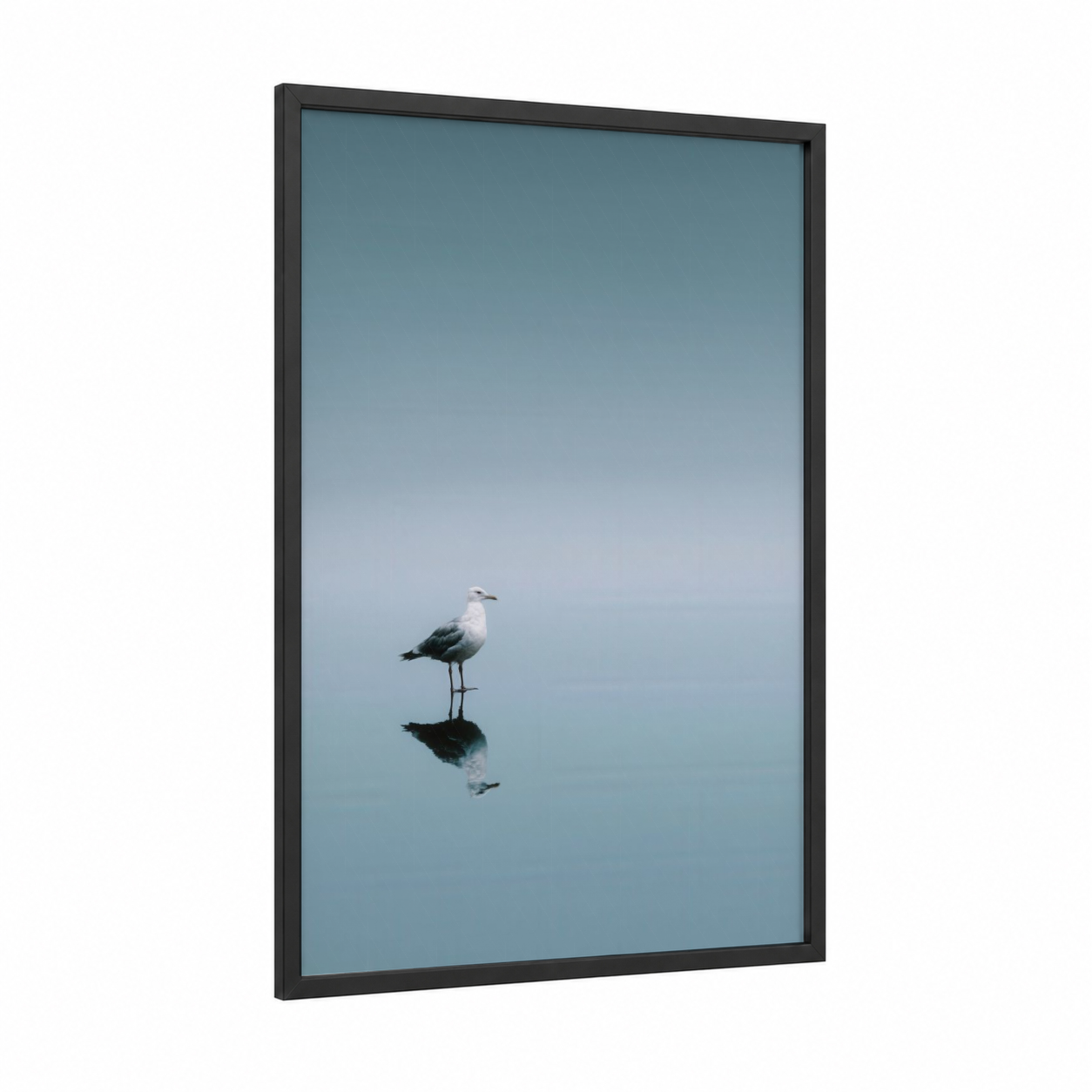 Solitary Seagull framed art print — black wood frame — blue and gray and gray palette