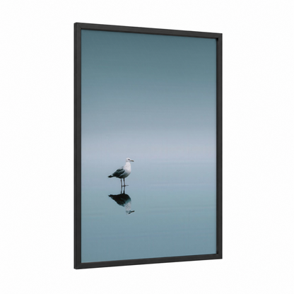 Solitary Seagull framed art print — black wood frame — blue and gray and gray palette