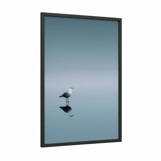 Solitary Seagull framed art print — black wood frame — blue and gray and gray palette