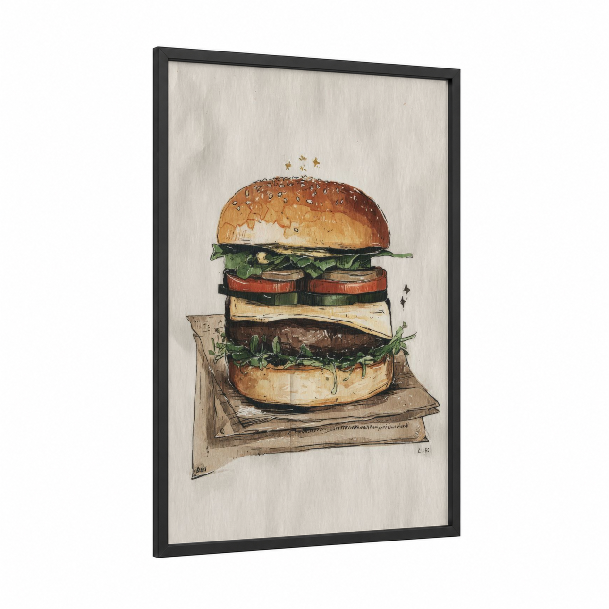 Classic Burger Stack framed fast food print — black wood frame — cream and brown palette