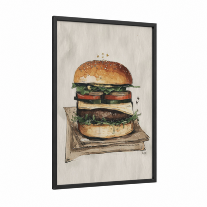 Classic Burger Stack framed fast food print — black wood frame — cream and brown palette