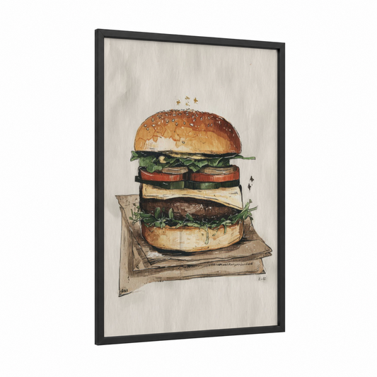 Classic Burger Stack framed fast food print — black wood frame — cream and brown palette