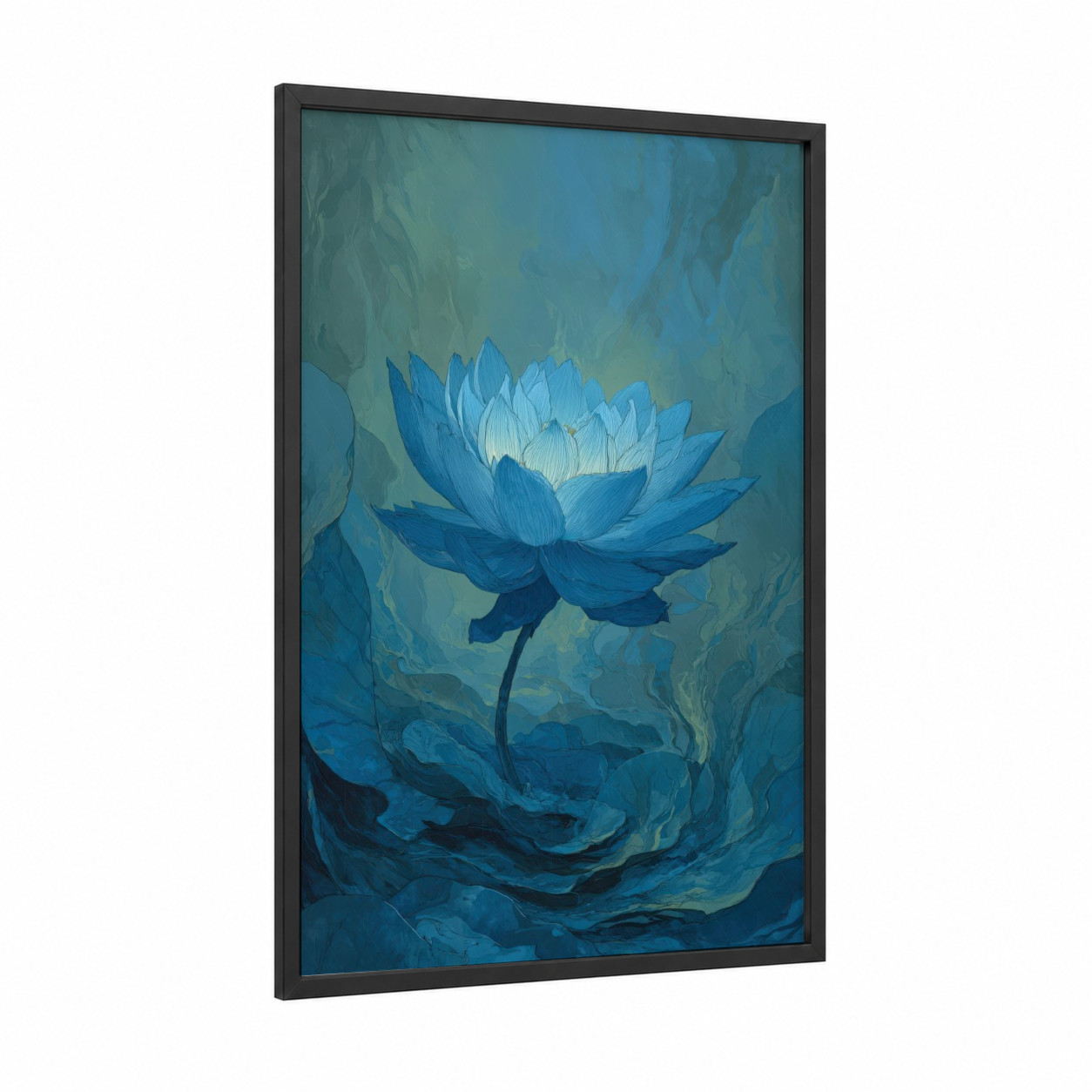 Serene Lotus Blue framed art print — black wood frame — blue and teal palette