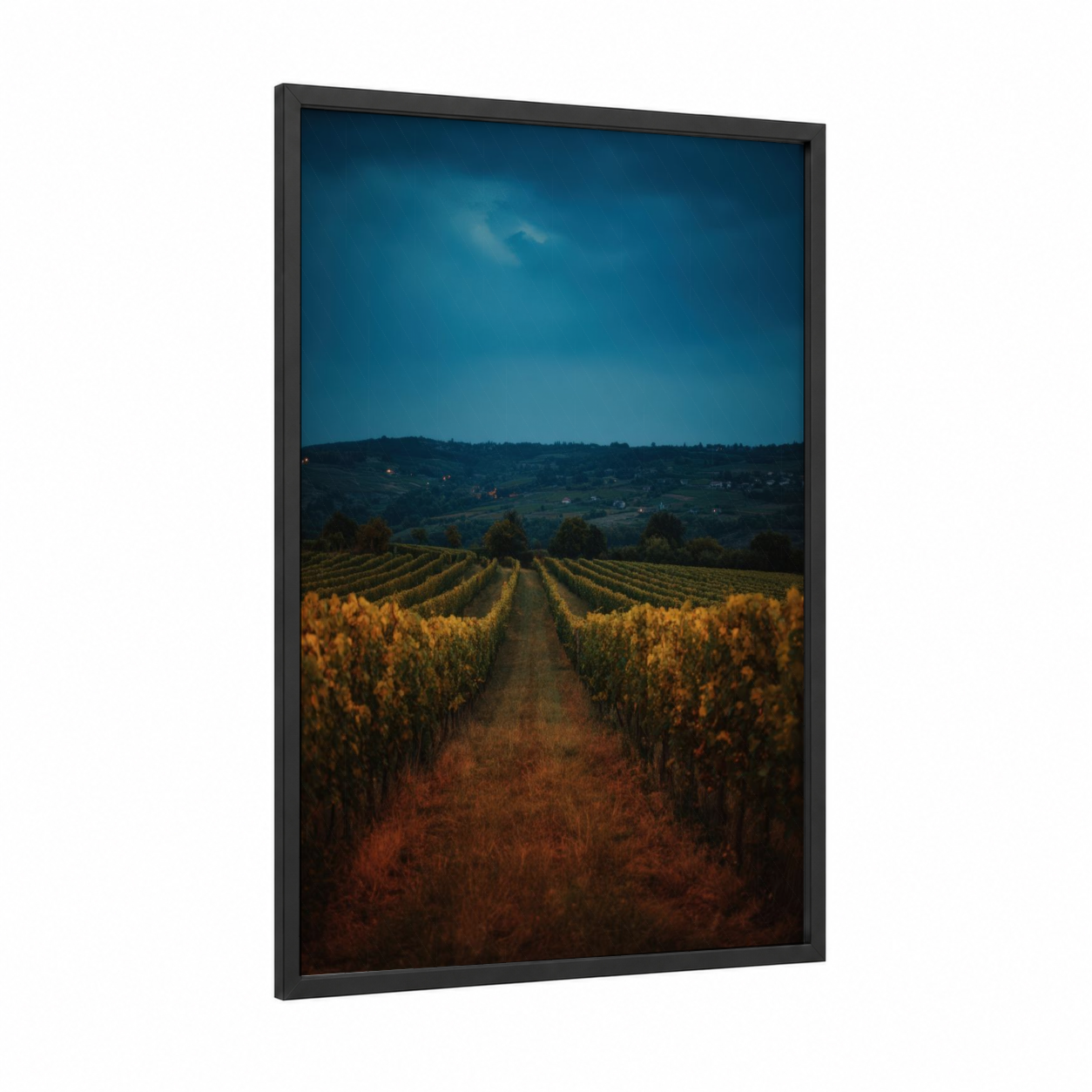 Golden Vineyard Dusk framed vineyards print — black wood frame — gold and dark blue palette