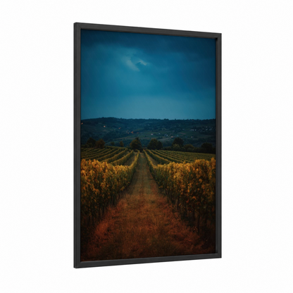 Golden Vineyard Dusk framed vineyards print — black wood frame — gold and dark blue palette