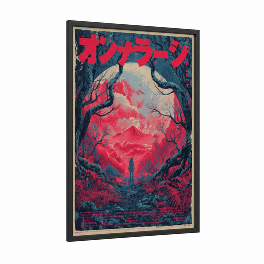 Volcanic Psychedelia framed japanese psychedelic print — black wood frame — magenta and dark blue palette