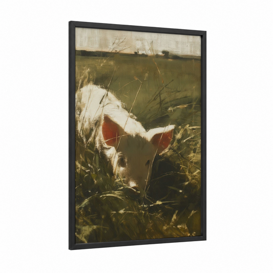 Rustic Field Pig framed art print — black wood frame — olive and cream palette