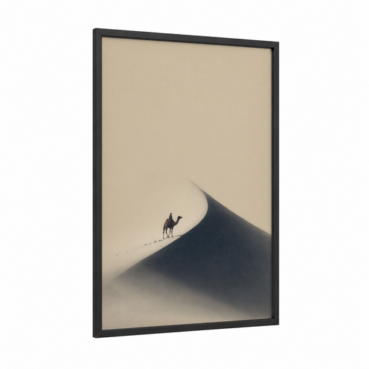 Desert Wanderer framed camel print — black wood frame — beige and gray palette