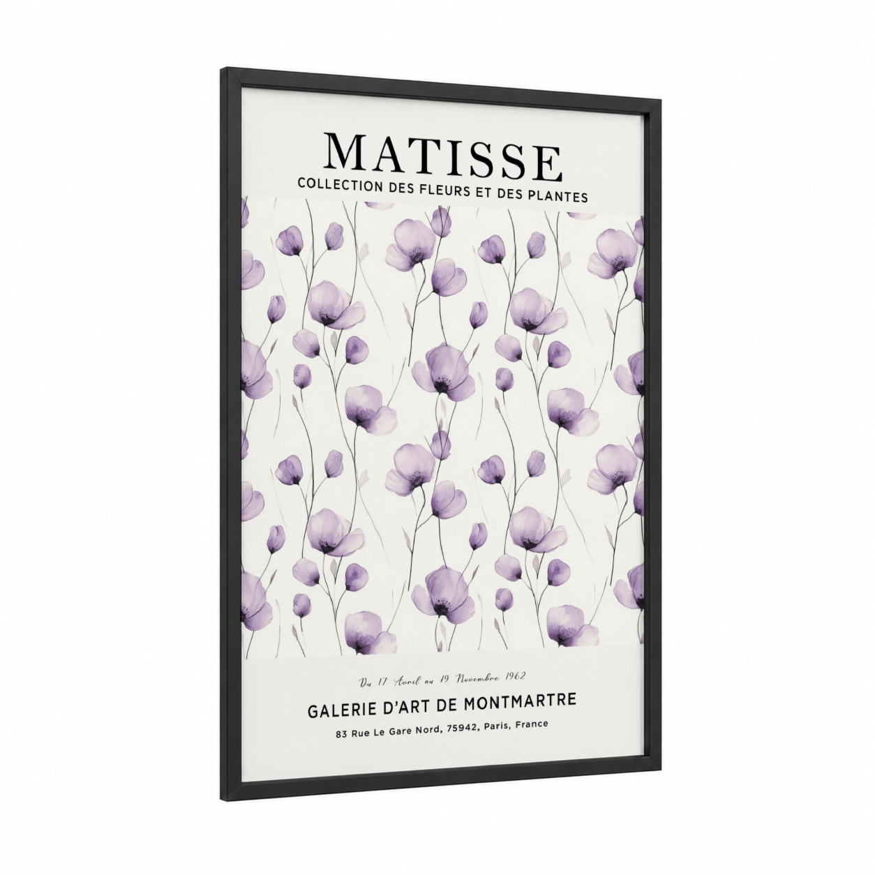 Purple Matisse Florals framed abstract flower print — black wood frame — lavender and cream palette