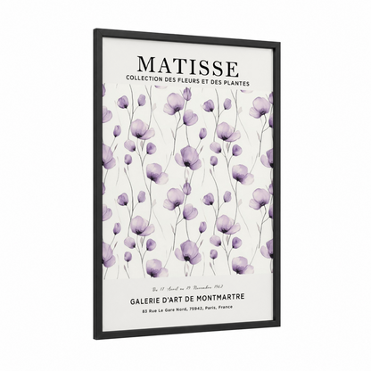 Purple Matisse Florals framed abstract flower print — black wood frame — lavender and cream palette
