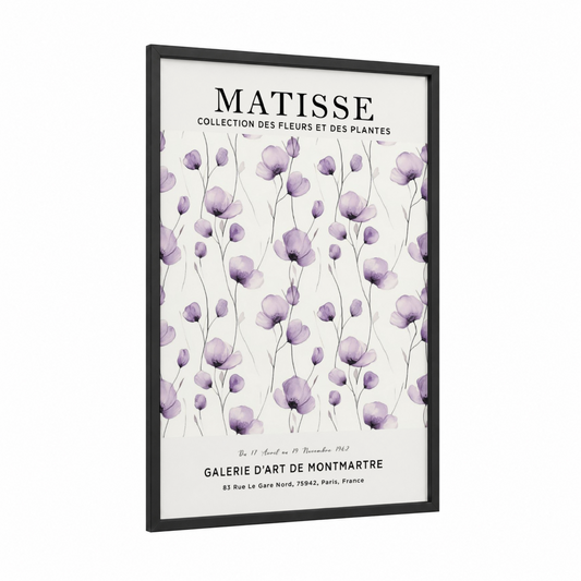 Purple Matisse Florals framed abstract flower print — black wood frame — lavender and cream palette