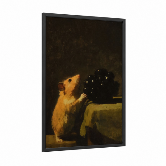Golden Hamster Curiosity framed art print — black wood frame — gold and black palette